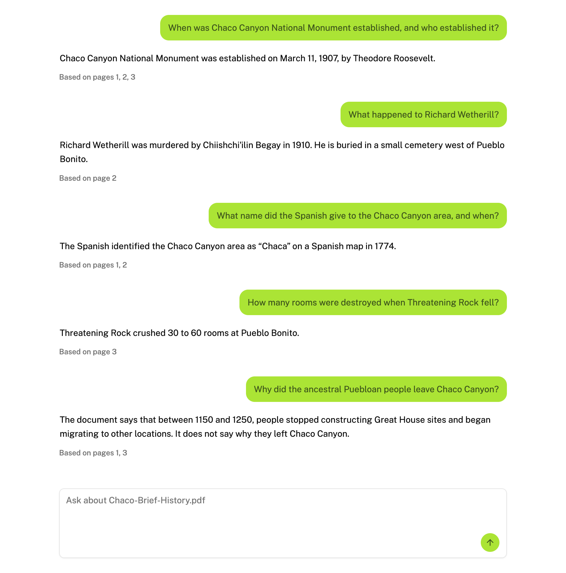 The chat page: five questions about a Chaco Canyon PDF, each answered with a page citation below it, and an input box at the bottom
