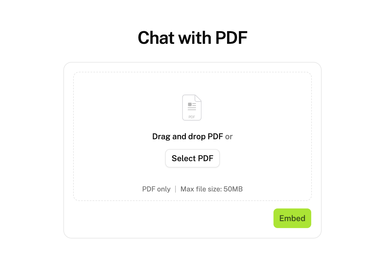 The Chat with PDF home page: a drop area for a PDF with a Select PDF button, and an Embed button below it